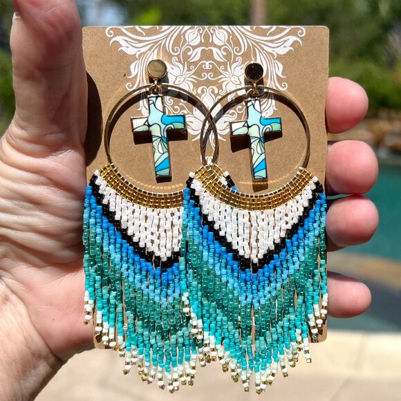 Handmade Beaded Long Faith Fringe Cross Dangle Drop Lightweight Post Earrings - Picture 10 of 11